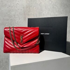 Saint Laurent Loulou Bronze Hardware Shoulder Bag Medium Dark Cherry Leather